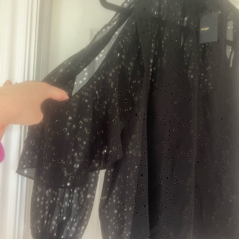 MAJE black laser cut ruffled metallic crepe blouse. Size 2 (equal to size 6) NWT - Picture 6 of 8